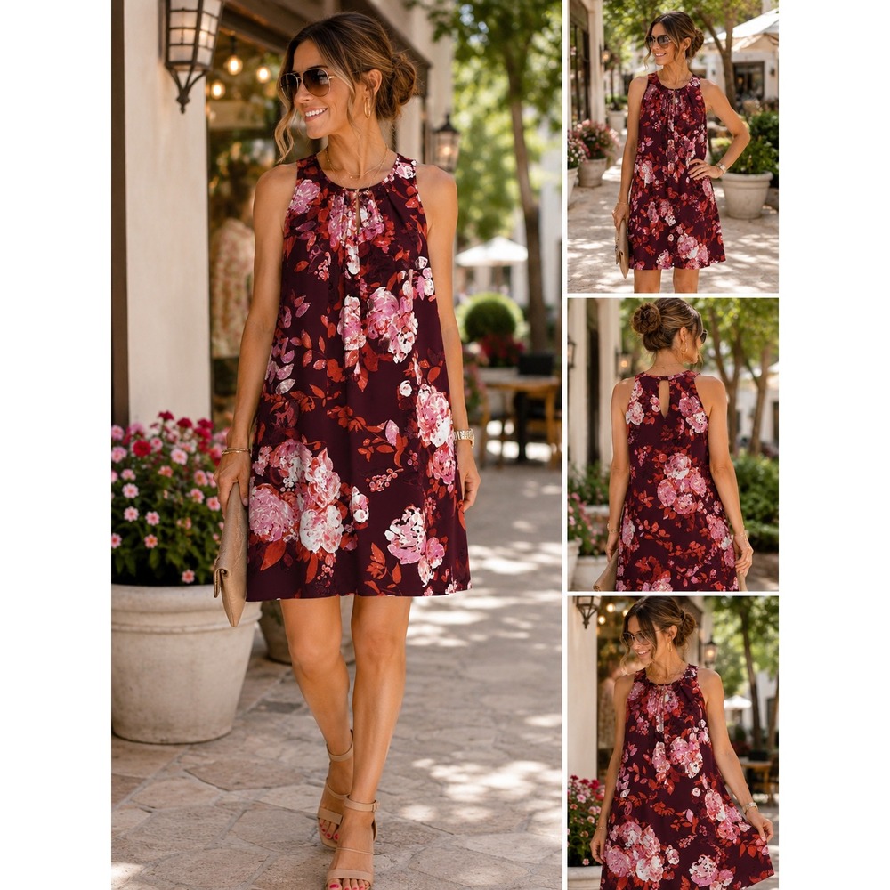 Kut from the Kloth Burgundy Floral Sleeveless Shift Dress Keyhole Back Size 12